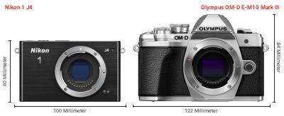 Größenvergleich: Nikon 1 J4 vs. OM System OM-D E-M10 Mark III