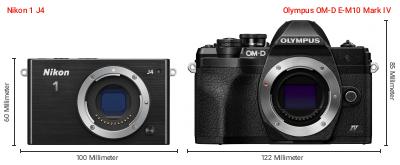 Größenvergleich: Nikon 1 J4 vs. OM System OM-D E-M10 Mark IV Größenvergleich: Nikon 1 J4 vs. OM System OM-D E-M10 Mark IV