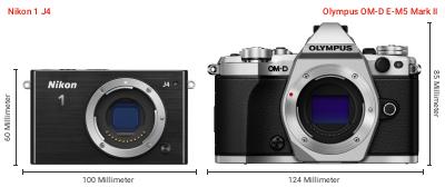 Größenvergleich: Nikon 1 J4 vs. OM System OM-D E-M5 Mark II Größenvergleich: Nikon 1 J4 vs. OM System OM-D E-M5 Mark II