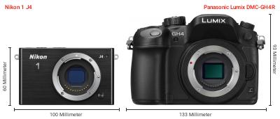 Größenvergleich: Nikon 1 J4 vs. Panasonic Lumix DMC-GH4R Größenvergleich: Nikon 1 J4 vs. Panasonic Lumix DMC-GH4R