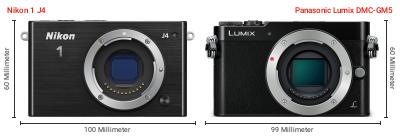 Größenvergleich: Nikon 1 J4 vs. Panasonic Lumix DMC-GM5 Größenvergleich: Nikon 1 J4 vs. Panasonic Lumix DMC-GM5