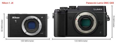 Größenvergleich: Nikon 1 J4 vs. Panasonic Lumix DMC-GX8 Größenvergleich: Nikon 1 J4 vs. Panasonic Lumix DMC-GX8