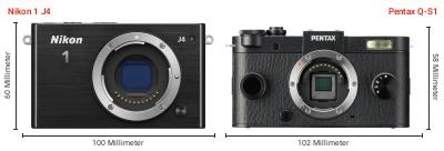 Größenvergleich: Nikon 1 J4 vs. Pentax Q-S1 Größenvergleich: Nikon 1 J4 vs. Pentax Q-S1