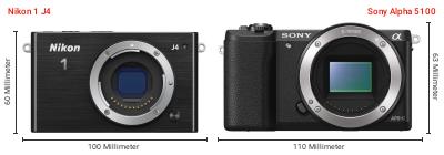 Größenvergleich: Nikon 1 J4 vs. Sony Alpha 5100 Größenvergleich: Nikon 1 J4 vs. Sony Alpha 5100