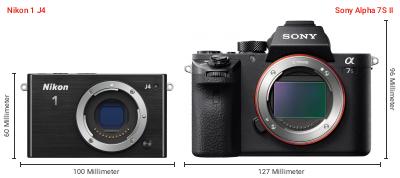 Größenvergleich: Nikon 1 J4 vs. Sony Alpha 7S II Größenvergleich: Nikon 1 J4 vs. Sony Alpha 7S II