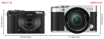 Größenvergleich: Nikon 1 J5 vs. Fujifilm X-A3 Größenvergleich: Nikon 1 J5 vs. Fujifilm X-A3