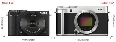 Größenvergleich: Nikon 1 J5 vs. Fujifilm X-A7