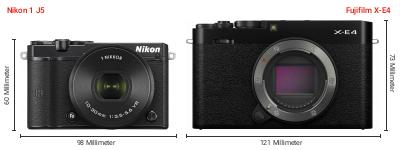Größenvergleich: Nikon 1 J5 vs. Fujifilm X-E4 Größenvergleich: Nikon 1 J5 vs. Fujifilm X-E4