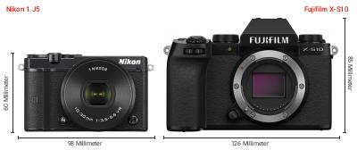 Größenvergleich: Nikon 1 J5 vs. Fujifilm X-S10 Größenvergleich: Nikon 1 J5 vs. Fujifilm X-S10