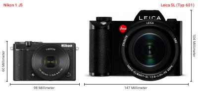Größenvergleich: Nikon 1 J5 vs. Leica SL (Typ 601) Größenvergleich: Nikon 1 J5 vs. Leica SL (Typ 601)