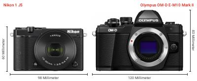 Größenvergleich: Nikon 1 J5 vs. OM System OM-D E-M10 Mark II Größenvergleich: Nikon 1 J5 vs. OM System OM-D E-M10 Mark II
