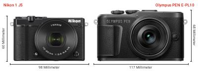 Größenvergleich: Nikon 1 J5 vs. OM System PEN E-PL10 Größenvergleich: Nikon 1 J5 vs. OM System PEN E-PL10