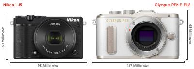 Größenvergleich: Nikon 1 J5 vs. OM System PEN E-PL8 Größenvergleich: Nikon 1 J5 vs. OM System PEN E-PL8
