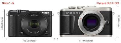 Größenvergleich: Nikon 1 J5 vs. OM System PEN E-PL9 Größenvergleich: Nikon 1 J5 vs. OM System PEN E-PL9