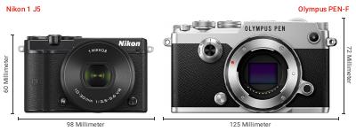 Größenvergleich: Nikon 1 J5 vs. OM System PEN-F Größenvergleich: Nikon 1 J5 vs. OM System PEN-F