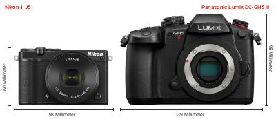 Größenvergleich: Nikon 1 J5 vs. Panasonic Lumix DC-GH5 II Größenvergleich: Nikon 1 J5 vs. Panasonic Lumix DC-GH5 II