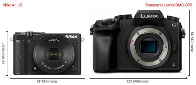 Größenvergleich: Nikon 1 J5 vs. Panasonic Lumix DMC-G70 Größenvergleich: Nikon 1 J5 vs. Panasonic Lumix DMC-G70