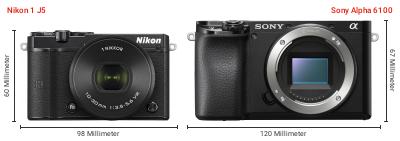 Größenvergleich: Nikon 1 J5 vs. Sony Alpha 6100 Größenvergleich: Nikon 1 J5 vs. Sony Alpha 6100