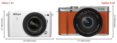 Größenvergleich: Nikon 1 S1 vs. Fujifilm X-A2 Größenvergleich: Nikon 1 S1 vs. Fujifilm X-A2