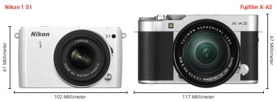 Größenvergleich: Nikon 1 S1 vs. Fujifilm X-A3 Größenvergleich: Nikon 1 S1 vs. Fujifilm X-A3