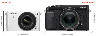 Größenvergleich: Nikon 1 S1 vs. Fujifilm X-E2S