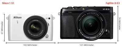 Größenvergleich: Nikon 1 S1 vs. Fujifilm X-E3