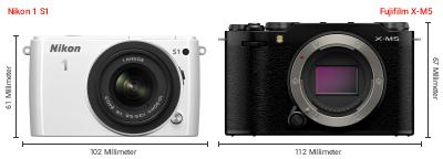 Größenvergleich: Nikon 1 S1 vs. Fujifilm X-M5 Größenvergleich: Nikon 1 S1 vs. Fujifilm X-M5