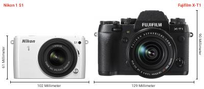 Größenvergleich: Nikon 1 S1 vs. Fujifilm X-T1 Größenvergleich: Nikon 1 S1 vs. Fujifilm X-T1