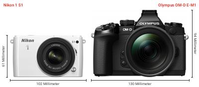 Größenvergleich: Nikon 1 S1 vs. OM System OM-D E-M1 Größenvergleich: Nikon 1 S1 vs. OM System OM-D E-M1