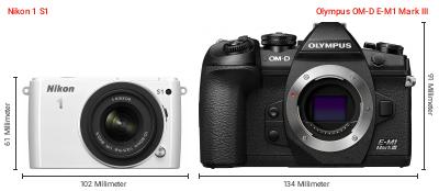 Größenvergleich: Nikon 1 S1 vs. OM System OM-D E-M1 Mark III