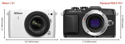 Größenvergleich: Nikon 1 S1 vs. OM System PEN E-PL7 Größenvergleich: Nikon 1 S1 vs. OM System PEN E-PL7