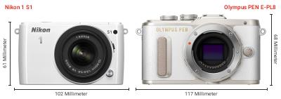 Größenvergleich: Nikon 1 S1 vs. OM System PEN E-PL8