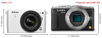 Größenvergleich: Nikon 1 S1 vs. Panasonic Lumix DMC-GF6 Größenvergleich: Nikon 1 S1 vs. Panasonic Lumix DMC-GF6