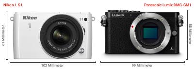 Größenvergleich: Nikon 1 S1 vs. Panasonic Lumix DMC-GM1 Größenvergleich: Nikon 1 S1 vs. Panasonic Lumix DMC-GM1