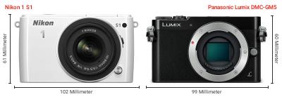 Größenvergleich: Nikon 1 S1 vs. Panasonic Lumix DMC-GM5 Größenvergleich: Nikon 1 S1 vs. Panasonic Lumix DMC-GM5