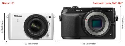 Größenvergleich: Nikon 1 S1 vs. Panasonic Lumix DMC-GX7 Größenvergleich: Nikon 1 S1 vs. Panasonic Lumix DMC-GX7