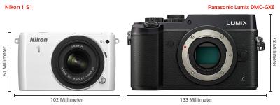 Größenvergleich: Nikon 1 S1 vs. Panasonic Lumix DMC-GX8 Größenvergleich: Nikon 1 S1 vs. Panasonic Lumix DMC-GX8