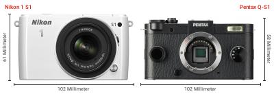 Größenvergleich: Nikon 1 S1 vs. Pentax Q-S1 Größenvergleich: Nikon 1 S1 vs. Pentax Q-S1