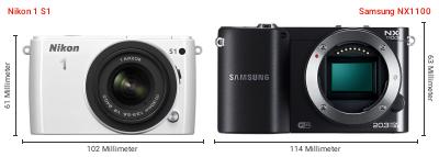Größenvergleich: Nikon 1 S1 vs. Samsung NX1100 Größenvergleich: Nikon 1 S1 vs. Samsung NX1100