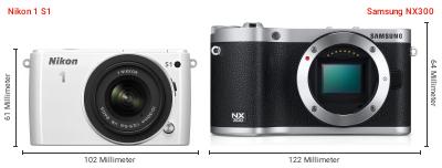 Größenvergleich: Nikon 1 S1 vs. Samsung NX300 Größenvergleich: Nikon 1 S1 vs. Samsung NX300