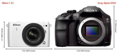 Größenvergleich: Nikon 1 S1 vs. Sony Alpha 3000 Größenvergleich: Nikon 1 S1 vs. Sony Alpha 3000