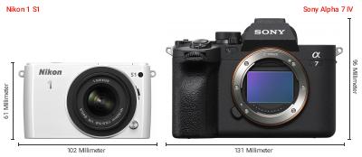 Größenvergleich: Nikon 1 S1 vs. Sony Alpha 7 IV Größenvergleich: Nikon 1 S1 vs. Sony Alpha 7 IV