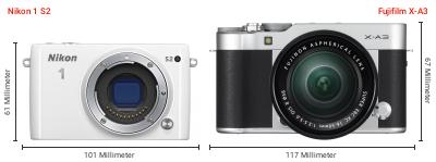 Größenvergleich: Nikon 1 S2 vs. Fujifilm X-A3