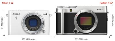 Größenvergleich: Nikon 1 S2 vs. Fujifilm X-A7 Größenvergleich: Nikon 1 S2 vs. Fujifilm X-A7