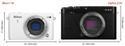 Größenvergleich: Nikon 1 S2 vs. Fujifilm X-E4