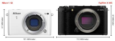 Größenvergleich: Nikon 1 S2 vs. Fujifilm X-M5