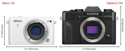 Größenvergleich: Nikon 1 S2 vs. Fujifilm X-T30