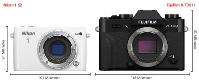 Größenvergleich: Nikon 1 S2 vs. Fujifilm X-T30 II Größenvergleich: Nikon 1 S2 vs. Fujifilm X-T30 II