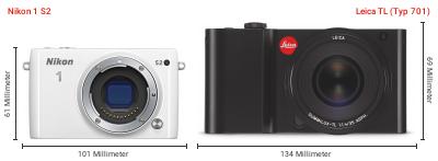 Größenvergleich: Nikon 1 S2 vs. Leica TL (Typ 701) Größenvergleich: Nikon 1 S2 vs. Leica TL (Typ 701)