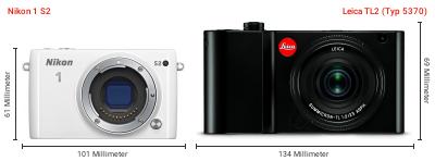 Größenvergleich: Nikon 1 S2 vs. Leica TL2 (Typ 5370) Größenvergleich: Nikon 1 S2 vs. Leica TL2 (Typ 5370)